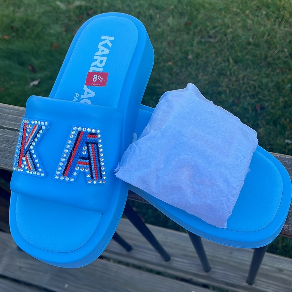 Karl LAGERFELD Women’s Platform Leather upper Sandals Slip On Colour Light Blue - Picture 4 of 8